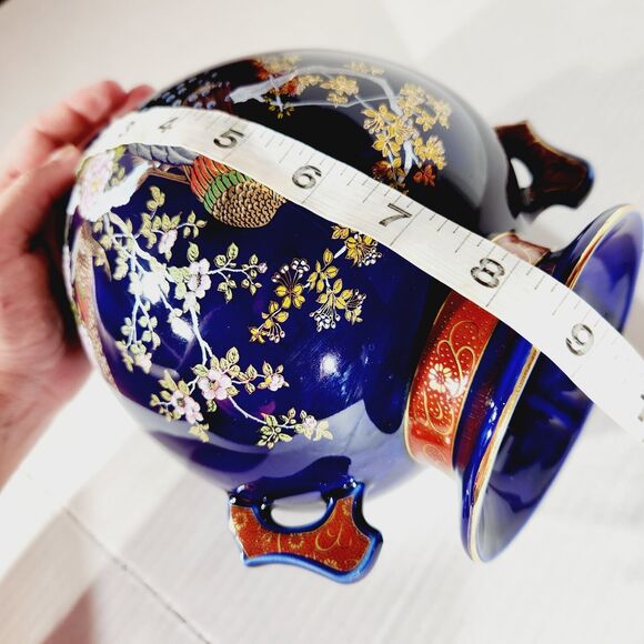 Vase Japanese Cobalt Blue 8.5" Handles Vintage Vtg Porcelain Peacock Bird Nature - Picture 14 of 14